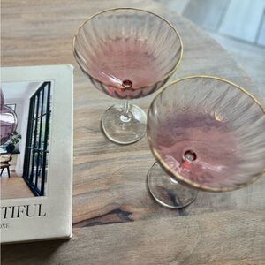 Anthropologie Pink \ Gold Waterfall Coupe Glasses, Set of 2